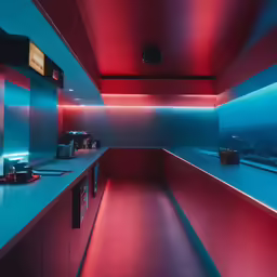 a blue and red bathroom with red accents