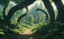 the path through the woods is winding with green foliage