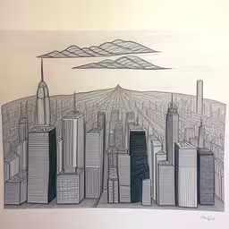 city landscape in pencil drawing, by the office,a drawing of buildings on the horizon of a large city