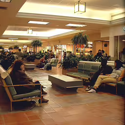 the people are sitting around in the lobby,people sitting in a lobby waiting for their luggage