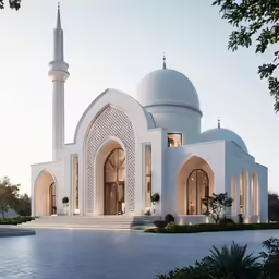 the exterior of an elegant and majestic white building with tall arches and minalis