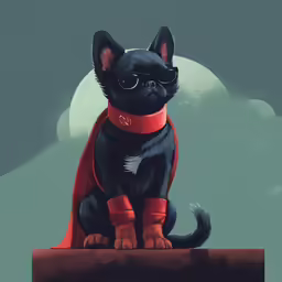 a black dog wearing glasses and a cape