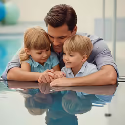 two young children and an adult in front of water