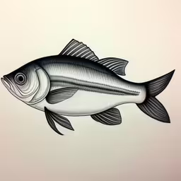 drawing of a fish with a black and white color scheme,the fish is black and white and it is on the wall