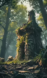 a tree stump in the middle of the forest