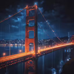 golden gate bridge lit up at night with the city lights reflected in water