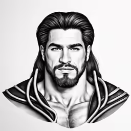 a black and white drawing of the superstar jesus