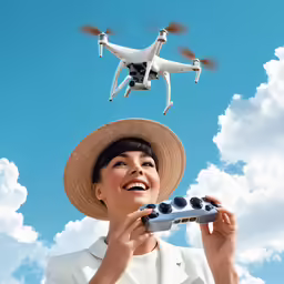 woman holding up a remote control plane in front of a blue sky