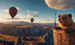 a polar bear in an air balloon looking at the camera