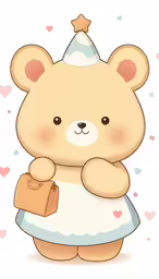 a brown teddy bear wearing a birthday hat and dress
