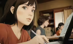 a girl with brown hair is writing on her laptop