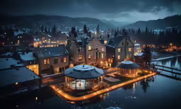 an overview view of a night - time town with a lot of lights