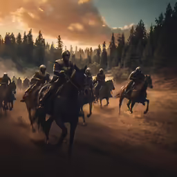 the group of people riding on horses is going down the trail