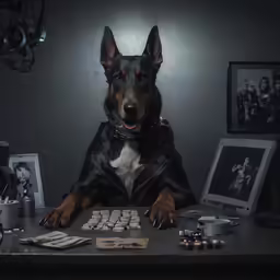 a dog is posing at a table that has items on it
