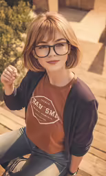 the girl with glasses is posing on the wooden deck