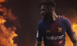 the man is holding onto his face with fire behind him