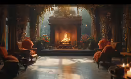 a room with a fire place, some chairs, and a bench with fluffy legs