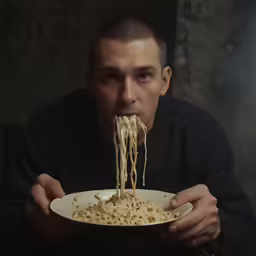 a man eating from a plate of spaghetti on his face