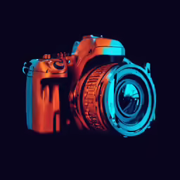 an orange camera on black background with blue lens