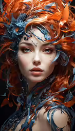 a beautiful young woman with long, red hair is wearing many pieces of metal and feathers