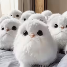 white stuffed cats are sitting on a bed