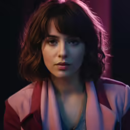 a young woman with dark hair wearing a red jacket