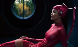 the woman in red is sitting down with a large object
