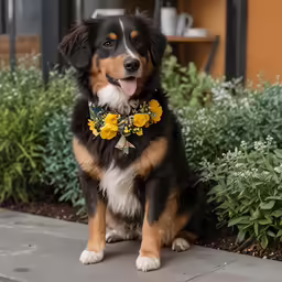 the dog is wearing a collar with flowers on it