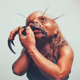 an angry woman holding a screw in her mouth