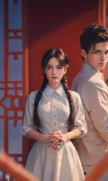 an asian couple posing together wearing white