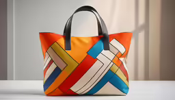 an orange and blue bag sitting on top of a white table