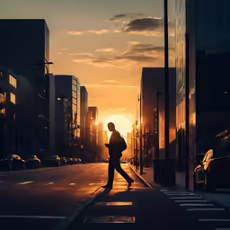 a man in the street in the setting sun