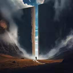 a man standing in front of a tall pillar between two mountains