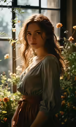 a woman is standing in the middle of a flower display