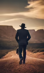 a man in a suit walking down a dirt road