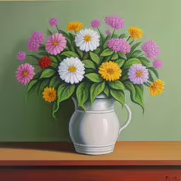 the painting is of colorful daisies and greens in a white vase,a painting of flowers sitting in a white vase