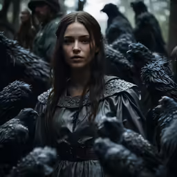 the witch of raven island and a girl surrounded by black crows