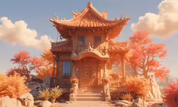 a beautiful chinese building on the edge of a wooded area