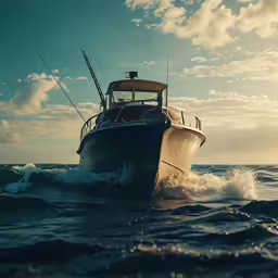 a boat in the water with a cloudy sky