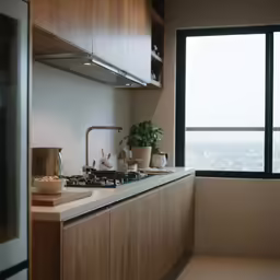 there is a stove that is next to the counter