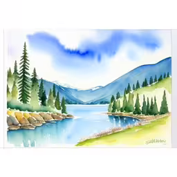 a watercolor landscape is shown with the woods and water