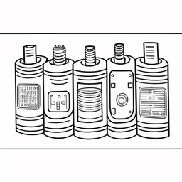 an illustration of four cylindrical cylindrical, one with no top,an illustration of three spray cans with two different colors,some cans and cups are lined up in a row,some black and white bottles are lined up,three ink cans of varying shapes on a plain background
