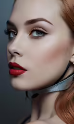 a woman with long hair and red lips