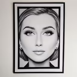 a framed print of a woman wearing earrings and an eyeliner
