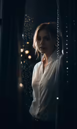 a woman in a white shirt looks out the window