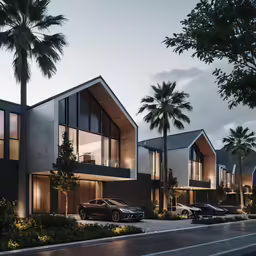 rendering of modern house with parking lot and palm trees