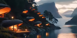 a row of lights that are next to a body of water