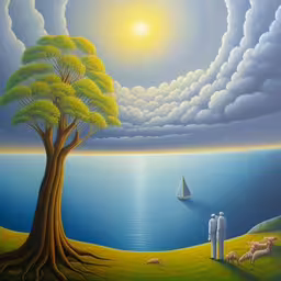 a painting of two people by a tree, on a beautiful day,a painting shows a tree, clouds, sailboat and an island with sheep,there is a painting of some people standing near a lake,a painting of two men standing on a hill overlooking the water,a painting with sheep and tree on beach next to water