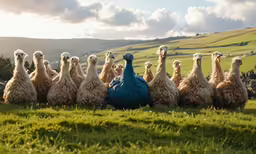 the blue and white bird is standing in front of the other eight