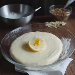 some food is in a glass bowl with a lemon